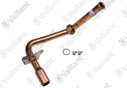 Kupferrohr von Vaillant mit einer gebogenen Form und einer Halterung. Enthält eine Mutter, eine Unterlegscheibe und zwei Schrauben.
